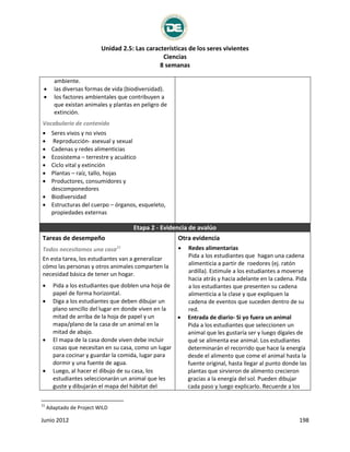 Unidad 2.5: Las características de los seres vivientes
Ciencias
8 semanas
Junio 2012 198
ambiente.
 las diversas formas de vida (biodiversidad).
 los factores ambientales que contribuyen a
que existan animales y plantas en peligro de
extinción.
Vocabulario de contenido
 Seres vivos y no vivos
 Reproducción- asexual y sexual
 Cadenas y redes alimenticias
 Ecosistema – terrestre y acuático
 Ciclo vital y extinción
 Plantas – raíz, tallo, hojas
 Productores, consumidores y
descomponedores
 Biodiversidad
 Estructuras del cuerpo – órganos, esqueleto,
propiedades externas
Etapa 2 - Evidencia de avalúo
Tareas de desempeño
Todos necesitamos una casa11
En esta tarea, los estudiantes van a generalizar
cómo las personas y otros animales comparten la
necesidad básica de tener un hogar.
 Pida a los estudiantes que doblen una hoja de
papel de forma horizontal.
 Diga a los estudiantes que deben dibujar un
plano sencillo del lugar en donde viven en la
mitad de arriba de la hoja de papel y un
mapa/plano de la casa de un animal en la
mitad de abajo.
 El mapa de la casa donde viven debe incluir
cosas que necesitan en su casa, como un lugar
para cocinar y guardar la comida, lugar para
dormir y una fuente de agua.
 Luego, al hacer el dibujo de su casa, los
estudiantes seleccionarán un animal que les
guste y dibujarán el mapa del hábitat del
Otra evidencia
 Redes alimentarias
Pida a los estudiantes que hagan una cadena
alimenticia a partir de roedores (ej. ratón
ardilla). Estimule a los estudiantes a moverse
hacia atrás y hacia adelante en la cadena. Pida
a los estudiantes que presenten su cadena
alimenticia a la clase y que expliquen la
cadena de eventos que suceden dentro de su
red.
 Entrada de diario- Si yo fuera un animal
Pida a los estudiantes que seleccionen un
animal que les gustaría ser y luego dígales de
qué se alimenta ese animal. Los estudiantes
determinarán el recorrido que hace la energía
desde el alimento que come el animal hasta la
fuente original, hasta llegar al punto donde las
plantas que sirvieron de alimento crecieron
gracias a la energía del sol. Pueden dibujar
cada paso y luego explicarlo. Recuerde a los
11
Adaptado de Project WILD
 