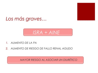 Los más graves…
1. AUMENTO DE LA PA
2. AUMENTO DE RIESGO DE FALLO RENAL AGUDO
MAYOR RIESGO AL ASOCIAR UN DIURÉTICO
ISRA + AINE
 