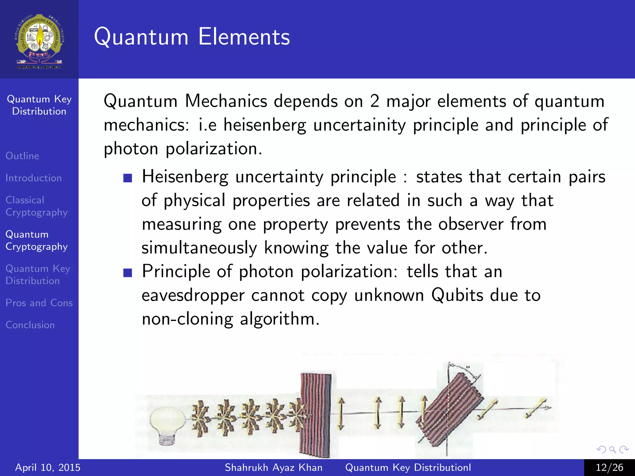 Quantum Key
Distribution
Outline
Introduction
Classical
Cryptography
Quantum
Cryptography
Quantum Key
Distribution
Pros and Cons
Conclusion
Quantum Elements
Quantum Mechanics depends on 2 major elements of quantum
mechanics: i.e heisenberg uncertainity principle and principle of
photon polarization.
Heisenberg uncertainty principle : states that certain pairs
of physical properties are related in such a way that
measuring one property prevents the observer from
simultaneously knowing the value for other.
Principle of photon polarization: tells that an
eavesdropper cannot copy unknown Qubits due to
non-cloning algorithm.
April 10, 2015 Shahrukh Ayaz Khan Quantum Key Distributionl 12/26
 