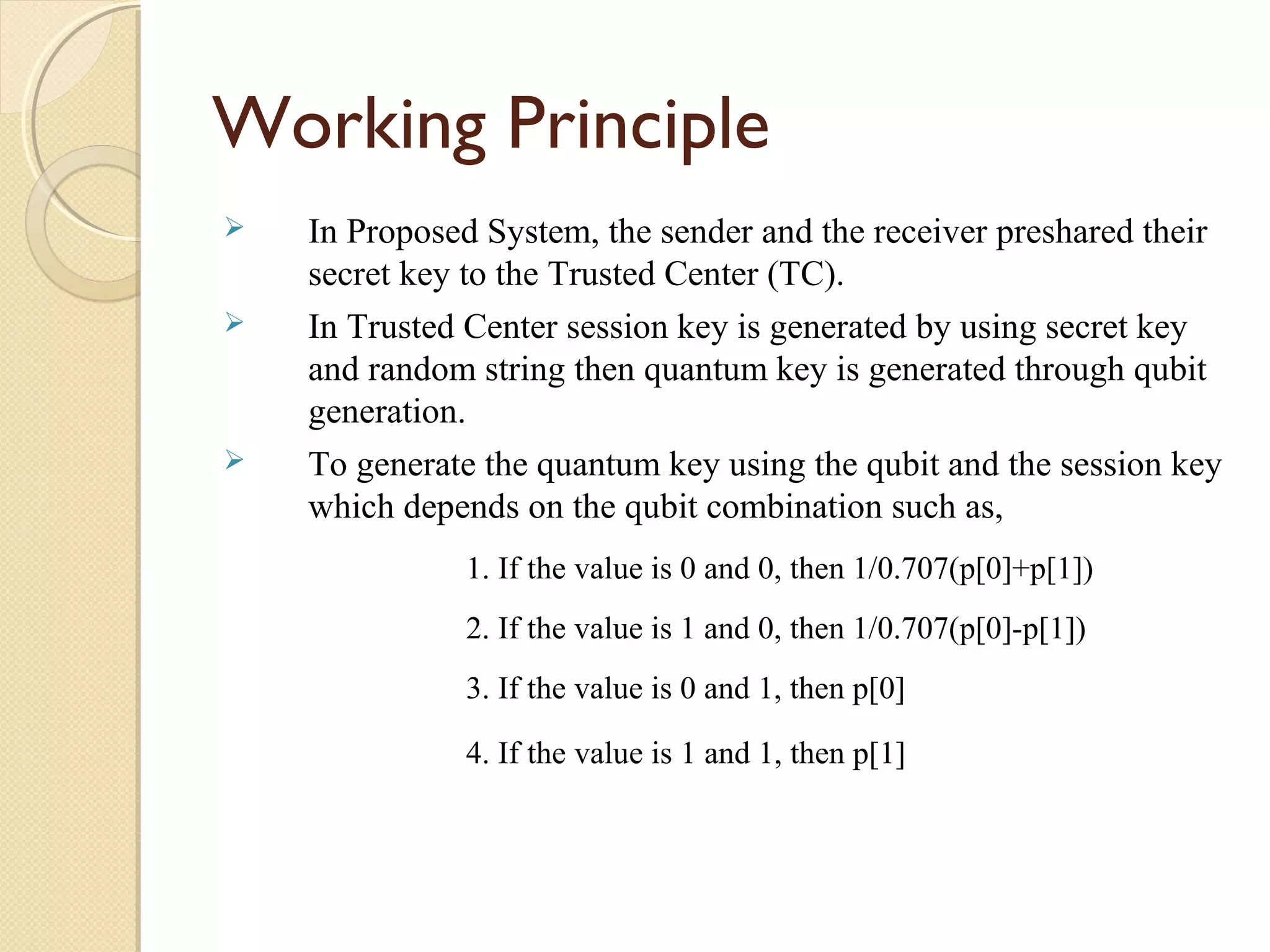 Working Principle





In Proposed System, the sender and the receiver preshared their
secret key to the Trusted Center (TC).
In Trusted Center session key is generated by using secret key
and random string then quantum key is generated through qubit
generation.
To generate the quantum key using the qubit and the session key
which depends on the qubit combination such as,
1. If the value is 0 and 0, then 1/0.707(p[0]+p[1])
2. If the value is 1 and 0, then 1/0.707(p[0]-p[1])
3. If the value is 0 and 1, then p[0]
4. If the value is 1 and 1, then p[1]

 