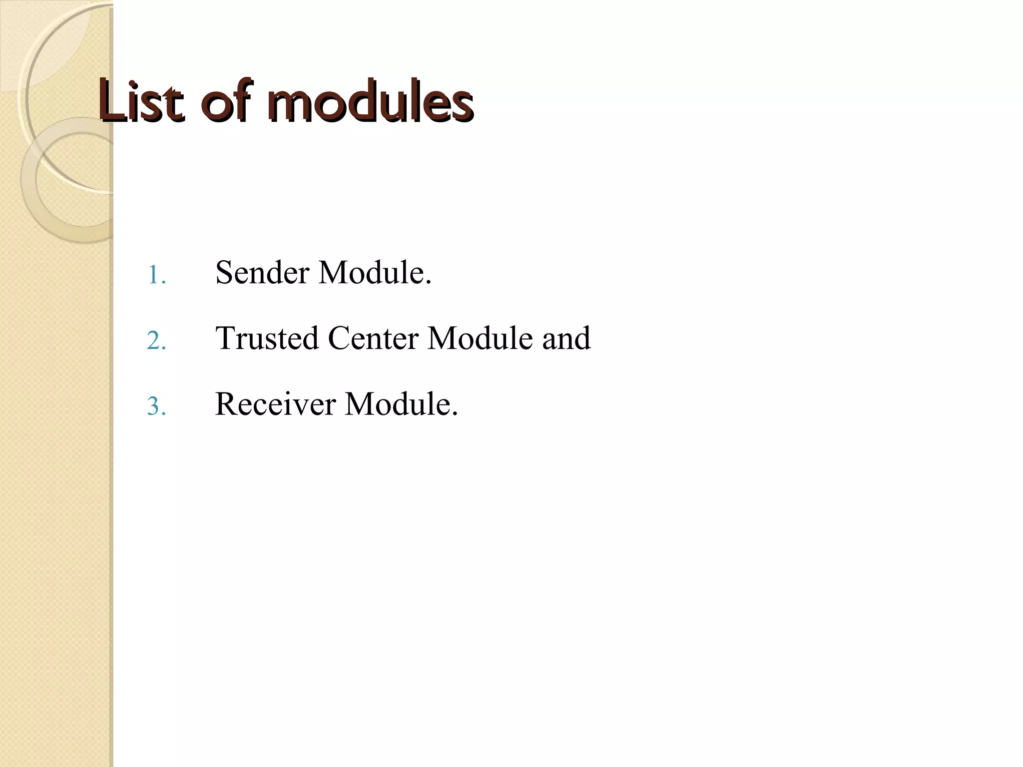List of modules
1.

Sender Module.

2.

Trusted Center Module and

3.

Receiver Module.

 