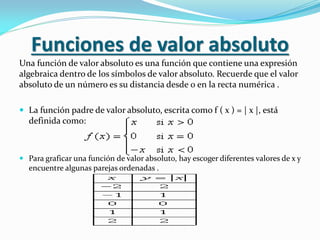 Funciones de valor absoluto
Una función de valor absoluto es una función que contiene una expresión
algebraica dentro de los símbolos de valor absoluto. Recuerde que el valor
absoluto de un número es su distancia desde 0 en la recta numérica .
 La función padre de valor absoluto, escrita como f ( x ) = | x |, está
definida como:
 Para graficar una función de valor absoluto, hay escoger diferentes valores de x y
encuentre algunas parejas ordenadas .
 