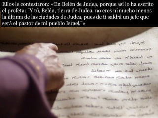 Ellos le contestaron: «En Belén de Judea, porque así lo ha escrito
el profeta: "Y tú, Belén, tierra de Judea, no eres ni mucho menos
la última de las ciudades de Judea, pues de ti saldrá un jefe que
será el pastor de mi pueblo Israel."»
 