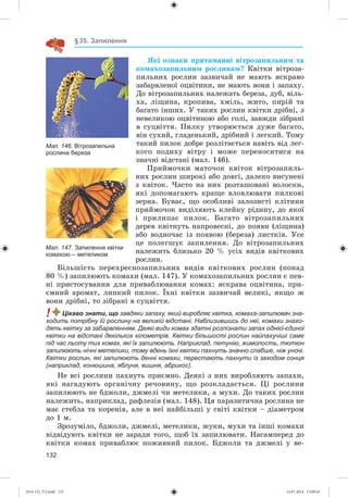 132
§35. Запилення
ßêі îçíàêè ïðèòàìàííі âіòðîçàïèëüíèì òà
êîìàõîçàïèëüíèì ðîñëèíàì? Êâіòêè âіòðîçà-
ïèëüíèõ ðîñëèí çàçâè÷àé íå ìàþòü ÿñêðàâî
çàáàðâëåíîї îöâіòèíè, íå ìàþòü âîíè і çàïàõó.
Äî âіòðîçàïèëüíèõ íàëåæàòü áåðåçà, äóá, âіëü-
õà, ëіùèíà, êðîïèâà, õìіëü, æèòî, ïèðіé òà
áàãàòî іíøèõ. Ó òàêèõ ðîñëèí êâіòêè äðіáíі, ç
íåâåëèêîþ îöâіòèíîþ àáî ãîëі, çàâæäè çіáðàíі
â ñóöâіòòÿ. Ïèëêó óòâîðþєòüñÿ äóæå áàãàòî,
âіí ñóõèé, ãëàäåíüêèé, äðіáíèé і ëåãêèé. Òîìó
òàêèé ïèëîê äîáðå ðîçëіòàєòüñÿ íàâіòü âіä ëåã-
êîãî ïîäèõó âіòðó і ìîæå ïåðåíîñèòèñÿ íà
çíà÷íі âіäñòàíі (ìàë. 146).
Ïðèéìî÷êè ìàòî÷îê êâіòîê âіòðîçàïèëü-
íèõ ðîñëèí øèðîêі àáî äîâãі, äàëåêî âèñóíåíі
ç êâіòîê. ×àñòî íà íèõ ðîçòàøîâàíі âîëîñêè,
ÿêі äîïîìàãàþòü êðàùå âëîâëþâàòè ïèëêîâі
çåðíà. Áóâàє, ùî îñîáëèâі çàëîçèñòі êëіòèíè
ïðèéìî÷îê âèäіëÿþòü êëåéêó ðіäèíó, äî ÿêîї
і ïðèëèïàє ïèëîê. Áàãàòî âіòðîçàïèëüíèõ
äåðåâ êâіòíóòü íàïðîâåñíі, äî ïîÿâè (ëіùèíà)
àáî âîäíî÷àñ іç ïîÿâîþ (áåðåçà) ëèñòêіâ. Óñå
öå ïîëåãøóє çàïèëåííÿ. Äî âіòðîçàïèëüíèõ
íàëåæèòü áëèçüêî 20 % óñіõ âèäіâ êâіòêîâèõ
ðîñëèí.
Áіëüøіñòü ïåðåõðåñíîçàïèëüíèõ âèäіâ êâіòêîâèõ ðîñëèí (ïîíàä
80 %) çàïèëþþòü êîìàõè (ìàë. 147). Ó êîìàõîçàïèëüíèõ ðîñëèí є ïåâ-
íі ïðèñòîñóâàííÿ äëÿ ïðèâàáëþâàííÿ êîìàõ: ÿñêðàâà îöâіòèíà, ïðè-
єìíèé àðîìàò, ëèïêèé ïèëîê. Їõíі êâіòêè çàçâè÷àé âåëèêі, ÿêùî æ
âîíè äðіáíі, òî çіáðàíі â ñóöâіòòÿ.
! Цікаво знати, що завдяки запаху, який виробляє квітка, комаха-запилювач зна-
ходить потрібну їй рослину на великій відстані. Наблизившись до неї, комахи знахо-
дять квітку за забарвленням. Деякі види комах здатні розпізнати запах однієї-єдиної
квітки на відстані декількох кілометрів. Квітки більшості рослин найпахучіші саме
під час льоту тих комах, які їх запилюють. Наприклад, петунію, жимолость, тютюн
запилюють нічні метелики, тому вдень їхні квітки пахнуть значно слабше, ніж уночі.
Квітки рослин, які запилюють денні комахи, перестають пахнути із заходом сонця
(наприклад, конюшина, яблуня, вишня, абрикос).
Íå âñі ðîñëèíè ïàõíóòü ïðèєìíî. Äåÿêі ç íèõ âèðîáëÿþòü çàïàõè,
ÿêі íàãàäóþòü îðãàíі÷íó ðå÷îâèíó, ùî ðîçêëàäàєòüñÿ. Öі ðîñëèíè
çàïèëþþòü íå áäæîëè, äæìåëі ÷è ìåòåëèêè, à ìóõè. Äî òàêèõ ðîñëèí
íàëåæèòü, íàïðèêëàä, ðàôëåçіÿ (ìàë. 148). Öÿ ïàðàçèòè÷íà ðîñëèíà íå
ìàє ñòåáëà òà êîðåíіâ, àëå â íåї íàéáіëüøі ó ñâіòі êâіòêè – äіàìåòðîì
äî 1 ì.
Çðîçóìіëî, áäæîëè, äæìåëі, ìåòåëèêè, æóêè, ìóõè òà іíøі êîìàõè
âіäâіäóþòü êâіòêè íå çàðàäè òîãî, ùîá їõ çàïèëþâàòè. Íàñàìïåðåä äî
êâіòêè êîìàõ ïðèâàáëþє ïîæèâíèé ïèëîê. Áäæîëè òà äæìåëі ó âå-
Мал. 146. Вітрозапильна
рослина береза
Мал. 147. Запилення квітки
комахою – метеликом
(014-13)_V2.indd 132 14.07.2014 13:09:43
 
