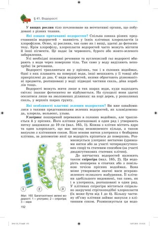152
§ 41. Водорості
Ó âèùèõ ðîñëèí òіëî ïî÷ëåíîâàíå íà âåãåòàòèâíі îðãàíè, ùî ïîáó-
äîâàíі ç ðіçíèõ òêàíèí.
ßêі îçíàêè ïðèòàìàííі âîäîðîñòÿì? Ñïіëüíà îçíàêà ðіçíèõ ïðåä-
ñòàâíèêіâ âîäîðîñòåé – íàÿâíіñòü ó їõíіõ êëіòèíàõ õëîðîïëàñòіâ іç
õëîðîôіëîì. Îòæå, öі ðîñëèíè, òàê ñàìî ÿê і âèùі, çäàòíі äî ôîòîñèí-
òåçó. Êðіì õëîðîôіëó, õëîðîïëàñòè âîäîðîñòåé ÷àñòî ìîæóòü ìіñòèòè
é іíøі ïіãìåíòè. Öå íàäàє їì ÷åðâîíîãî, áóðîãî àáî æîâòî-çåëåíîãî
çàáàðâëåííÿ.
Óñі íåîáõіäíі ïîæèâíі ðå÷îâèíè òà âóãëåêèñëèé ãàç âîäîðîñòі âáè-
ðàþòü ç âîäè ÷åðåç ïîâåðõíþ òіëà. Òàê ñàìî ó âîäó âèäіëÿþòü íåïî-
òðіáíі їì ðå÷îâèíè.
Âîäîðîñòі òðàïëÿþòüñÿ ÿê ó ïðіñíèõ, òàê і â ñîëîíèõ âîäîéìàõ.
Îäíі ç íèõ ïëàâàþòü íà ïîâåðõíі âîäè, іíøі ìåøêàþòü ó її òîâùі àáî
ïðèêðіïëåíі äî äíà. Є âèäè âîäîðîñòåé, ÿêèìè îáðîñòàþòü ðіçíîìàíіò-
íі ïðåäìåòè, ðîçòàøîâàíі ó âîäі: ïіäâîäíі ÷àñòèíè ñêåëü, äåíà êîðàá-
ëіâ òîùî.
Âîäîðîñòі ìîæóòü æèòè ëèøå â òèõ øàðàõ âîäè, êóäè íàäõîäèòü
ñâіòëî: іíàêøå ôîòîñèíòåç íå âіäáóâàєòüñÿ. Íà ñóõîäîëі âîíè çäàòíі
îñåëÿòèñÿ ëèøå íà çâîëîæåíèõ äіëÿíêàõ: íà êîðі äåðåâ, ó ðîçêîëèíàõ
ñêåëü, ó âåðõíіõ øàðàõ ґðóíòó.
ßêі îñîáëèâîñòі âëàñòèâі çåëåíèì âîäîðîñòÿì? Âè âæå îçíàéîìè-
ëèñÿ ç òàêèìè ïðåäñòàâíèêàìè çåëåíèõ âîäîðîñòåé, ÿê õëàìіäîìîíà-
äà, õëîðåëà, âîëüâîêñ, óëüâà.
Óëîòðèêñ ïîøèðåíèé ïåðåâàæíî â ñîëîíèõ âîäîéìàõ, àëå òðàïëÿ-
єòüñÿ é ó ïðіñíèõ. Éîãî êëіòèíè ðîçòàøîâàíі â îäèí ðÿä і óòâîðþþòü
íèòêó çàâäîâæêè äî 10 ñì (ìàë. 165, 1). Êîæíà ç êëіòèí ìіñòèòü ÿäðî
òà îäèí õëîðîïëàñò, ùî ìàє âèãëÿä íåçàìêíåíîãî êіëüöÿ, à òàêîæ
âàêóîëþ ç êëіòèííèì ñîêîì. Áіëÿ îñíîâè íèòêè óëîòðèêñà є áåçáàðâíà
êëіòèíà, çà äîïîìîãîþ ÿêîї öÿ âîäîðіñòü êðіïèòüñÿ äî ïîâåðõîíü. Ðîç-
ìíîæóєòüñÿ óëîòðèêñ íåñòàòåâî (óðèâêà-
ìè íèòêè àáî çà ó÷àñòі ÷îòèðèäæãóòèêî-
âèõ ñïîð) òà ñòàòåâèì ñïîñîáîì (çà ó÷àñòі
äâîäæãóòèêîâèõ ñòàòåâèõ êëіòèí).
Äî íèò÷àñòèõ âîäîðîñòåé íàëåæèòü
òàêîæ ñïіðîãіðà (ìàë. 165, 2). Öÿ âîäî-
ðіñòü ïîøèðåíà â ñòîÿ÷èõ àáî ç ïîâіëü-
íîþ òå÷ієþ ïðіñíèõ âîäîéìàõ. Âîíà
ìîæå óòâîðþâàòè çíà÷íі ìàñè ÿñêðàâî-
çåëåíîãî îñëèçëîãî æàáóðèííÿ. Її êëіòè-
íè çäåáіëüøîãî âèäîâæåíі, òàê ñàìî, ÿê
і â óëîòðèêñà, ðîçòàøîâàíі â îäèí ðÿä.
Ó êëіòèíàõ ñïіðîãіðè ìіñòÿòüñÿ ñïіðàëü-
íî çàêðó÷åíі ñòðі÷êîïîäіáíі õëîðîïëàñòè
(їõ ìîæå áóòè âіä 1 äî 4). Áіëüøó ÷àñòè-
íó îá’єìó êëіòèíè çàéìàє âàêóîëÿ ç êëі-
òèííèì ñîêîì. Ðîçìíîæóєòüñÿ öÿ âîäî-
Мал. 165. Багатоклітинні зелені во-
дорості: 1 – улотрикс; 2 – спірогіра;
3 – хара
1 2 3
(014-13)_V3.indd 152 14.07.2014 13:13:21
 