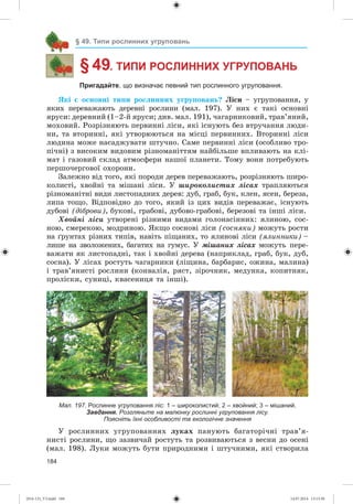 184
§ 49. Типи рослинних угруповань
§ 49. ТИПИ РОСЛИННИХ УГРУПОВАНЬ
Пригадайте, що визначає певний тип рослинного угруповання.
ßêі є îñíîâíі òèïè ðîñëèííèõ óãðóïîâàíü? Ëіñè – óãðóïîâàííÿ, ó
ÿêèõ ïåðåâàæàþòü äåðåâíі ðîñëèíè (ìàë. 197). Ó íèõ є òàêі îñíîâíі
ÿðóñè: äåðåâíèé (1–2-é ÿðóñè; äèâ. ìàë. 191), ÷àãàðíèêîâèé, òðàâ’ÿíèé,
ìîõîâèé. Ðîçðіçíÿþòü ïåðâèííі ëіñè, ÿêі іñíóþòü áåç âòðó÷àííÿ ëþäè-
íè, òà âòîðèííі, ÿêі óòâîðþþòüñÿ íà ìіñöі ïåðâèííèõ. Âòîðèííі ëіñè
ëþäèíà ìîæå íàñàäæóâàòè øòó÷íî. Ñàìå ïåðâèííі ëіñè (îñîáëèâî òðî-
ïі÷íі) ç âèñîêèì âèäîâèì ðіçíîìàíіòòÿì íàéáіëüøå âïëèâàþòü íà êëі-
ìàò і ãàçîâèé ñêëàä àòìîñôåðè íàøîї ïëàíåòè. Òîìó âîíè ïîòðåáóþòü
ïåðøî÷åðãîâîї îõîðîíè.
Çàëåæíî âіä òîãî, ÿêі ïîðîäè äåðåâ ïåðåâàæàþòü, ðîçðіçíÿþòü øèðî-
êîëèñòі, õâîéíі òà ìіøàíі ëіñè. Ó øèðîêîëèñòèõ ëіñàõ òðàïëÿþòüñÿ
ðіçíîìàíіòíі âèäè ëèñòîïàäíèõ äåðåâ: äóá, ãðàá, áóê, êëåí, ÿñåí, áåðåçà,
ëèïà òîùî. Âіäïîâіäíî äî òîãî, ÿêèé іç öèõ âèäіâ ïåðåâàæàє, іñíóþòü
äóáîâі (äіáðîâè), áóêîâі, ãðàáîâі, äóáîâî-ãðàáîâі, áåðåçîâі òà іíøі ëіñè.
Õâîéíі ëіñè óòâîðåíі ðіçíèìè âèäàìè ãîëîíàñіííèõ: ÿëèíîþ, ñîñ-
íîþ, ñìåðåêîþ, ìîäðèíîþ. ßêùî ñîñíîâі ëіñè (ñîñíÿêè) ìîæóòü ðîñòè
íà ґðóíòàõ ðіçíèõ òèïіâ, íàâіòü ïіùàíèõ, òî ÿëèíîâі ëіñè (ÿëèííèêè) –
ëèøå íà çâîëîæåíèõ, áàãàòèõ íà ãóìóñ. Ó ìіøàíèõ ëіñàõ ìîæóòü ïåðå-
âàæàòè ÿê ëèñòîïàäíі, òàê і õâîéíі äåðåâà (íàïðèêëàä, ãðàá, áóê, äóá,
ñîñíà). Ó ëіñàõ ðîñòóòü ÷àãàðíèêè (ëіùèíà, áàðáàðèñ, îæèíà, ìàëèíà)
і òðàâ’ÿíèñòі ðîñëèíè (êîíâàëіÿ, ðÿñò, çіðî÷íèê, ìåäóíêà, êîïèòíÿê,
ïðîëіñêè, ñóíèöі, êâàñåíèöÿ òà іíøі).
Мал. 197. Рослинне угруповання ліс: 1 – широколистий; 2 – хвойний; 3 – мішаний.
Завдання. Розгляньте на малюнку рослинні угруповання лісу.
Поясніть їхні особливості та екологічне значення
Ó ðîñëèííèõ óãðóïîâàííÿõ ëóêàõ ïàíóþòü áàãàòîðі÷íі òðàâ’ÿ-
íèñòі ðîñëèíè, ùî çàçâè÷àé ðîñòóòü òà ðîçâèâàþòüñÿ ç âåñíè äî îñåíі
(ìàë. 198). Ëóêè ìîæóòü áóòè ïðèðîäíèìè і øòó÷íèìè, ÿêі ñòâîðèëà
(014-13)_V3.indd 184 14.07.2014 13:13:30
 