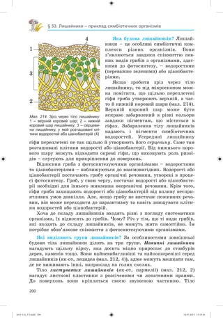 200
§ 53. Лишайники – приклад симбіотичних організмів
ßêà áóäîâà ëèøàéíèêіâ? Ëèøàé-
íèêè – öå îñîáëèâі ñèìáіîòè÷íі êîì-
ïëåêñè ðіçíèõ îðãàíіçìіâ. Âîíè
ç’ÿâëÿþòüñÿ çàâäÿêè ñïіâæèòòþ ïåâ-
íèõ âèäіâ ãðèáіâ ç îðãàíіçìàìè, çäàò-
íèìè äî ôîòîñèíòåçó, – âîäîðîñòÿìè
(ïåðåâàæíî çåëåíèìè) àáî öіàíîáàêòå-
ðіÿìè.
ßêùî çðîáèòè çðіç ÷åðåç òіëî
ëèøàéíèêó, òî ïіä ìіêðîñêîïîì ìîæ-
íà ïîìіòèòè, ùî ùіëüíî ïåðåïëåòåíі
ãіôè ãðèáà óòâîðþþòü âåðõíіé, à ÷àñ-
òî é íèæíіé êîðîâèé øàðè (ìàë. 214).
Âåðõíіé êîðîâèé øàð ìîæå áóòè
ÿñêðàâî çàáàðâëåíèé â ðіçíі êîëüîðè
çàâäÿêè ïіãìåíòàì, ùî ìіñòÿòüñÿ â
ãіôàõ. Çàáàðâëåííÿ òіëó ëèøàéíèêіâ
íàäàþòü і ïіãìåíòè ñèìáіîòè÷íèõ
âîäîðîñòåé. Óñåðåäèíі ëèøàéíèêó
ãіôè ïåðåïëåòåíі íå òàê ùіëüíî é óòâîðþþòü éîãî ñåðöåâèíó. Ñàìå òàì
ðîçòàøîâàíі êëіòèíè âîäîðîñòі àáî öіàíîáàêòåðії. Âіä íèæíüîãî êîðî-
âîãî øàðó ìîæóòü âіäõîäèòè îêðåìі ãіôè, ùî âèêîíóþòü ðîëü ðèçîї-
äіâ – ñëóãóþòü äëÿ ïðèêðіïëåííÿ äî ïîâåðõîíü.
Âіäíîñèíè ãðèáà ç ôîòîñèíòåçóþ÷èìè îðãàíіçìàìè – âîäîðîñòÿìè
òà öіàíîáàêòåðіÿìè – íàáëèæóþòüñÿ äî âçàєìîâèãіäíèõ. Âîäîðîñòі àáî
öіàíîáàêòåðії ïîñòà÷àþòü ãðèáó îðãàíі÷íі ðå÷îâèíè, óòâîðåíі â ïðîöå-
ñі ôîòîñèíòåçó. Ãðèá, ó ñâîþ ÷åðãó, ïîñòà÷àє âîäîðîñòі àáî öіàíîáàêòå-
ðії íåîáõіäíі äëÿ їõíüîãî æèâëåííÿ íåîðãàíі÷íі ðå÷îâèíè. Êðіì òîãî,
ãіôè ãðèáà çàõèùàþòü âîäîðîñòі àáî öіàíîáàêòåðіé âіä âïëèâó íåñïðè-
ÿòëèâèõ óìîâ äîâêіëëÿ. Àëå, ÿêùî ãðèáó íå âèñòà÷àє ïîæèâíèõ ðå÷î-
âèí, âіí ìîæå ïåðåõîäèòè äî ïàðàçèòèçìó òà íàâіòü çíèùóâàòè êëіòè-
íè âîäîðîñòåé àáî öіàíîáàêòåðіé.
Õî÷à äî ñêëàäó ëèøàéíèêіâ âõîäÿòü ðіçíі ç ïîãëÿäó ñèñòåìàòèêè
îðãàíіçìè, їõ âіäíîñÿòü äî ãðèáіâ. ×îìó? Ðі÷ ó òіì, ùî òі âèäè ãðèáіâ,
ÿêі âõîäÿòü äî ñêëàäó ëèøàéíèêіâ, íå ìîæóòü æèòè ñàìîñòіéíî. Їì
ïîòðіáíå îáîâ’ÿçêîâå ñïіâæèòòÿ ç ôîòîñèíòåçóþ÷èìè îðãàíіçìàìè.
ßêі âèäіëÿþòü ãðóïè ëèøàéíèêіâ? Çà îñîáëèâîñòÿìè çîâíіøíüîї
áóäîâè òіëà ëèøàéíèêè äіëÿòü íà òðè ãðóïè. Íàêèïíі ëèøàéíèêè
íàãàäóþòü ùіëüíó êіðêó, ÿêà äîñèòü ìіöíî ïðèðîñòàє äî ñòîâáóðіâ
äåðåâ, êàìåíіâ òîùî. Âîíè íàéíåâèáàãëèâіøі òà íàéïîøèðåíіøі ñåðåä
ëèøàéíèêіâ (ÿê-îò, ëåöèäåÿ (ìàë. 212, 4)), àäæå ìîæóòü ìåøêàòè òàì,
äå íå âèæèâàþòü іíøі, íàïðèêëàä íà ãîëèõ ñêåëÿõ.
Òіëî ëèñòóâàòèõ ëèøàéíèêіâ (ÿê-îò, ïàðìåëії) (ìàë. 212, 2)
íàãàäóє ëèñòêîâі ïëàñòèíêè ç ðîçñі÷åíèìè ÷è ëîïàòåâèìè êðàÿìè.
Äî ïîâåðõîíü âîíè êðіïëÿòüñÿ ñâîєþ çâóæåíîþ ÷àñòèíîþ. Òіëî
Мал. 214. Зріз через тіло лишайнику:
1 – верхній коровий шар; 2 – нижній
коровий шар лишайнику; 3 – серцеви-
на лишайнику, у якій розташовані клі-
тини водоростей або ціанобактерій (4)
3
1
2
4
(014-13)_V3.indd 200 14.07.2014 13:13:36
 