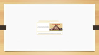 La CivilizaciónMaya era de las culturas de América que más sobresaleen América.Por sus aportes como ser su calendariomaya,
su sistema de numeraciónvigesimal,fundaron64 centros de ceremonialesentre ellos copan en el occidentede honduras.
LOS MAYAS
La cultura maya fue una civilizaciónmesoamericanaque se
desarrollóen el sureste de México, Guatemala, Belicey la
parte occidentalde Hondurasy El Salvador,abarcandomás
de 300 000 km²
 