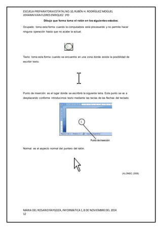 ESCUELA PREPARATORIA ESTATAL NO.10, RUBÉN H. RODRÍGUEZ MOGUEL 
JOHANN IVAN FLORES ENRIQUEZ 1ºD 
Dibuja que forma toma el ratón en los siguientes estados: 
Ocupado: toma esta forma cuando la computadora está procesando y no permite hacer 
ninguna operación hasta que no acabe la actual. 
Texto: toma esta forma cuando se encuentra en una zona donde existe la posibilidad de 
escribir texto. 
Punto de inserción: es el lugar donde se escribirá la siguiente letra. Este punto se va a 
desplazando conforme introducimos texto mediante las teclas de las flechas del teclado. 
Normal: es el aspecto normal del puntero del ratón. 
MARIA DEL ROSARIO RAYGOZA, INFORMATICA 1, 8 DE NOVIEMBRE DEL 2014 
12 
(ALONSO, 2008) 
 