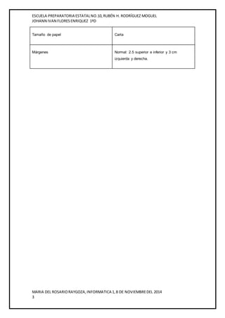 ESCUELA PREPARATORIA ESTATAL NO.10, RUBÉN H. RODRÍGUEZ MOGUEL 
JOHANN IVAN FLORES ENRIQUEZ 1ºD 
Tamaño de papel Carta 
Márgenes Normal: 2.5 superior e inferior y 3 cm 
izquierda y derecha. 
MARIA DEL ROSARIO RAYGOZA, INFORMATICA 1, 8 DE NOVIEMBRE DEL 2014 
3 
 