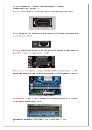 ESCUELA PREPARATORIA ESTATAL NO.10, RUBÉN H. RODRÍGUEZ MOGUEL 
JOHANN IVAN FLORES ENRIQUEZ 1ºD 
6.-Puerto FireWire: Puerto de alta velocidad empleado por muchos dispositivos externos 
7.- Red: Generalmente las tarjetas madres de última generación incorporan una placa de red y 
la conexión correspondiente 
8.- Socket: Es un conector cuadrado, la cual tiene orificios muy pequeños en donde encajan los 
pines donde se coloca el microprocesador a presión. 
9.- Bancos de memoria: Son los conectores donde se inserta la memoria principal de una PC, 
llamada RAM. Estos conectores han ido variando en tamaño, capacidad y forma de conectarse. 
10.- Conectores IDE: Aquí se conecta el cable plano que establece la conexión con los discos 
duros y unidades lectoras de CD/CD-RW. 
MARIA DEL ROSARIO RAYGOZA, INFORMATICA 1, 8 DE NOVIEMBRE DEL 2014 
6 
 