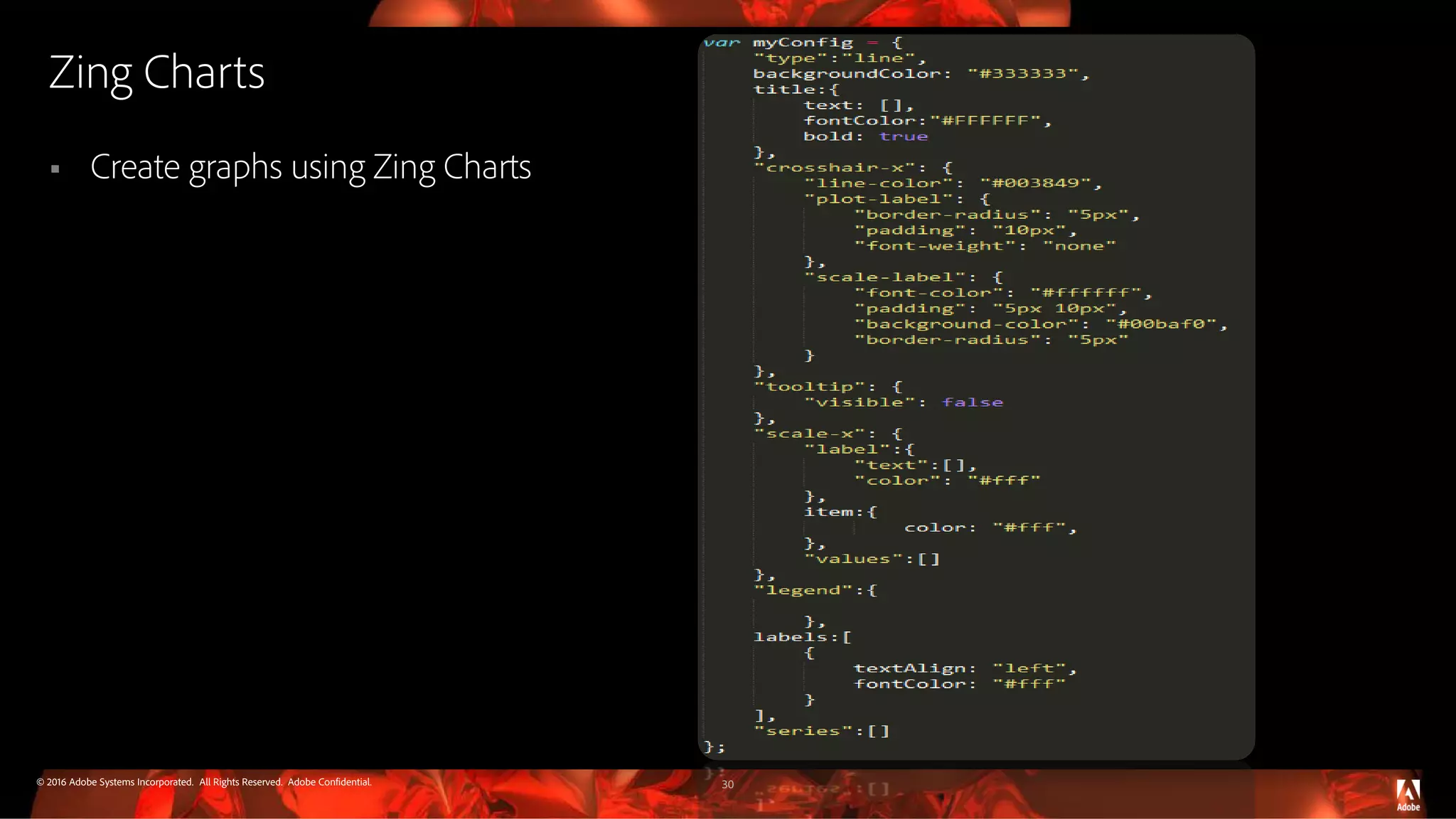 © 2016 Adobe Systems Incorporated. All Rights Reserved. Adobe Confidential. Zing Charts  Create graphs using Zing Charts 30 