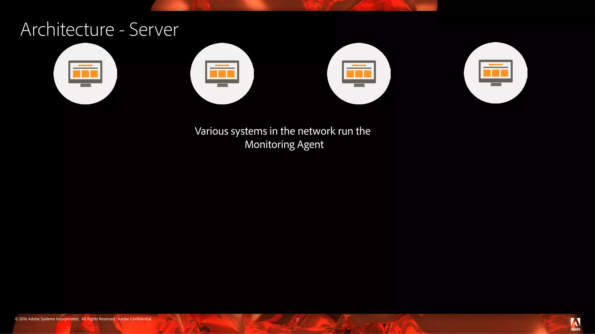 © 2016 Adobe Systems Incorporated. All Rights Reserved. Adobe Confidential. Architecture - Server 7 Various systems in the network run the Monitoring Agent 