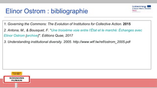 Elinor Ostrom : bibliographie
1. Governing the Commons: The Evolution of Institutions for Collective Action. 2015
2. Antona, M., & Bousquet, F. "Une troisième voie entre l’État et le marché: Échanges avec
Elinor Ostrom [archive]". Editions Quae, 2017
3. Understanding institutional diversity. 2005. http://www.wtf.tw/ref/ostrom_2005.pdf
 