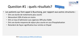 Question #1 : quels résultats?
• Les patients qui font appel à Buurtzorg, par rapport aux autres structures :
• Ont une durée de traitements plus courte
• Nécessitent 30% d’actes en moins
• Ont un taux d’admission aux urgences 30% plus faible
• Ont une durée moyenne de séjour plus courte en cas d’hospitalisation
• Retardent de façon significative leur entrée en Ehpad
Selon études menées par KPMG et Ernst&Young.
 