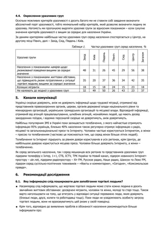 4.4. Окреслення уразливих груп 
Оскільки можливих критеріїв уразливості є досить багато ми не ставили собі завдання визначити 
абсолютний поріг уразливості, тобто мінімальний набір критеріїв, який дозволяє визначити людину як 
уразливу. Натомість ми пропонуємо виділяти уразливі групи за відносним показником – коли сукупне 
значення критеріїв уразливості є вищим за середнє для населення України. 
За даними критеріями найбільша частка уразливих груп серед населення спостерігається у Центрі, на 
другому місці Північ, далі – Захід, Схід, Південь і Київ. 
Таблиця 1. Частка уразливих груп серед населення, % 
Уразливі групи 
Захід 
Київ 
Південь 
Північ 
Схід 
Центр 
Загалом 
Населення з показниками намірів щодо 
ризикованої поведінки вищими за середні 
значення 
48 31 26 45 29 56 38 
Населення з показниками життєвих обставин, 
що підвищують ризик потрапляння у ситуації 
торгівлі людьми, вищими за середні значення 
35 20 37 36 34 42 35 
Колишні мігранти 18 15 18 24 15 23 18 
Не належать до жодної з уразливих груп 32 49 50 26 43 23 37 
5. Канали комунікації 
Українці скоріше довіряють, аніж не довіряють інформації щодо трудової міграції, отриманої від 
представників правоохоронних органів, церкви, органів державної влади національного рівня та 
міжнародних організацій, українських громадських організацій та місцевої влади. Відповідній інформації, 
отриманій від агенцій працевлаштування, шлюбних агенцій, незнайомих людей, що мають досвід 
закордонних поїздок, і відомих персоналій скоріше не довірятимуть, аніж довірятимуть. 
Найбільш популярним ЗМІ в Україні поки залишається телебачення, з якого найчастіше отримують 
інформацію 95% українців, близько 40% населення також регулярно отримує інформацію з радіо, 
місцевої та загальнонаціональної преси та Інтернету. Чоловіки частіше користуються Інтернетом, а жінки 
– пресою та телебаченням (частково це пояснюється тим, що серед жінок більше літніх людей). 
Телебачення та Інтернет лідирують за рівнем довіри користувачів в усіх регіонах, крім Центру, де 
найбільшою довірою користується місцева преса. Чоловіки більше довіряють Інтернету, а жінки – 
телебаченню. 
Як серед загального населення, так і серед мешканців всіх регіонів та представників уразливих груп 
лідерами телеефіру є Інтер, 1+1, СТБ, ІСТV, ТРК Україна та Новий канал, лідером новинного Інтернет- 
простору – ukr.net, лідерами радіопростору – Хіт FM, Русское радио, Наше радио, Шансон та Люкс FM, 
лідером серед суспільно-політичних тижневиків – «Факты и комментарии», «Сегодня», «Комсомольская 
правда». 
6. Рекомендації дослідження 
6.1. Яку інформацію слід поширювати для запобігання торгівлі людьми? 
 Насамперед слід інформувати, що жертвою торгівлі людьми може стати кожна людина в досить 
звичайних життєвих обставинах: досвідчені мігранти, чоловіки та жінки, молоді та старі тощо. Також 
варто наголошувати на тому, що втягують у відповідні ситуації переважно люди, яким довіряють 
(близькі люди, друзі, колеги та роботодавці тощо). Поки люди не усвідомлюють особисту загрозу 
торгівлі людьми, вони не враховуватимуть цей ризик у своїй поведінці. 
 Крім того, відповідно до виявлених пробілів в обізнаності населення рекомендується більше 
інформувати про: 
 