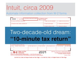 Intuit, circa 2009
Automate information collection from W-2 forms
Two-decade-old dream:
“10-minute tax return”
 