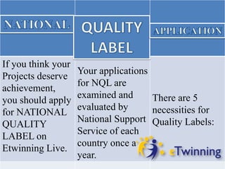 If you think your
Projects deserve
achievement,
you should apply
for NATIONAL
QUALITY
LABEL on
Etwinning Live.
Your applications
for NQL are
examined and
evaluated by
National Support
Service of each
country once a
year.
There are 5
necessities for
Quality Labels:
 