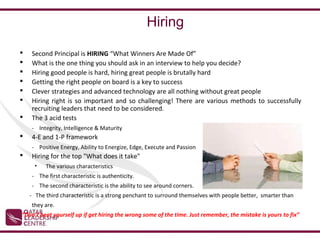 Hiring

   Second Principal is HIRING “What Winners Are Made Of”
   What is the one thing you should ask in an interview to help you decide?
   Hiring good people is hard, hiring great people is brutally hard
   Getting the right people on board is a key to success
   Clever strategies and advanced technology are all nothing without great people
   Hiring right is so important and so challenging! There are various methods to successfully
    recruiting leaders that need to be considered.
   The 3 acid tests
    - Integrity, Intelligence & Maturity
   4-E and 1-P framework
    - Positive Energy, Ability to Energize, Edge, Execute and Passion
   Hiring for the top "What does it take"
      •   The various characteristics
    - The first characteristic is authenticity.
    - The second characteristic is the ability to see around corners.
    - The third characteristic is a strong penchant to surround themselves with people better, smarter than
    they are.
“Don’t beat yourself up if get hiring the wrong some of the time. Just remember, the mistake is yours to fix”
 