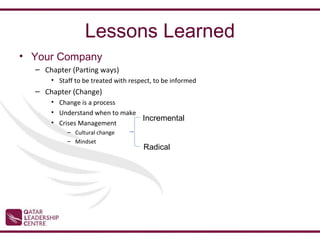 Lessons Learned
• Your Company
  – Chapter (Parting ways)
      • Staff to be treated with respect, to be informed
  – Chapter (Change)
      • Change is a process
      • Understand when to make
                                Incremental
      • Crises Management
           – Cultural change
           – Mindset
                                     Radical
 