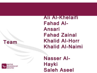 Ali Al-Khelaifi
       Fahad Al-
       Ansari
       Fahad Zainal
Team   Khalid Al-Horr
       Khalid Al-Naimi

       Nasser Al-
       Hayki
       Saleh Aseel
 