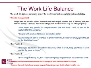 The Work Life Balance
The work-life balance concept is one of the most important concepts to individuals today
•Priority management
     People who put business success first most likely have to give up some level of intimacy with their
     kids: it’s a swap – a deal you have made with yourself about what you keep and what you give up.

           “Your boss’s top priority is competitiveness (he will want 150% of you) to be
           captured for the company.”
           “People with great performance accumulate chits.”
           “And when push comes to shove at promotion time, bosses will always give the job
           to the devil they know.”
•Best Practice 1:

           “Draw you boundaries around you activities, when at work, keep your head in work
           and do the same at home.”
•Best Practice 2:

           “Have the guts to say NO, Not to something large as promotion but to smaller stuff”
•And be careful you can’t live someone else’s concepts of your life in the name of balance

•At times the work-life balance concept may conflict and you must decide what is best for you.
 