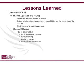 Lessons Learned
•   Underneath It All
     – Chapter 1 (Mission and Values)
         • Values and Behavior backed by reward
         • Setting mission is top management responsibilities but the values should be
           bottom up.
         • Mission should be clear to everyone
     – Chapter 2 (Candor)
         • How to apply Candor
              –   During appraisal performance
              –   During Budgeting
              –   Leading by Example
              –   Introduce open annual forum
 