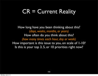 CR = Current Reality

                         How long have you been thinking about this?
                                  (days, weeks, months, or years)
                              How often do you think about this?
                            (how many times each hour, day or week)
                     How important is this issue to you, on scale of 1-10?
                      Is this is your top 3, 5, or 10 priorities right now?




                                               103
Monday, July 9, 12
 