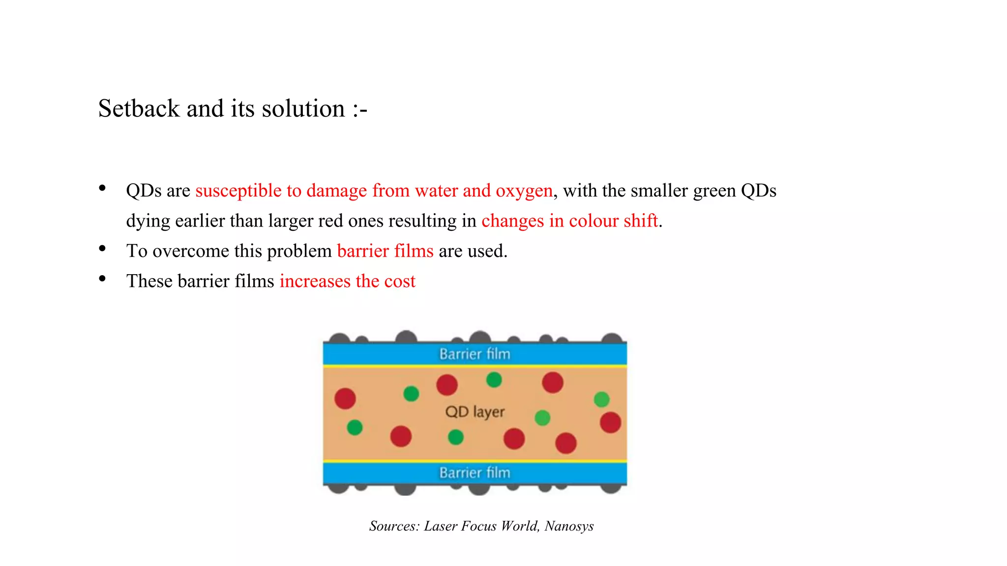 Setback and its solution :-
• QDs are susceptible to damage from water and oxygen, with the smaller green QDs
dying earlier than larger red ones resulting in changes in colour shift.
• To overcome this problem barrier films are used.
• These barrier films increases the cost
Sources: Laser Focus World, Nanosys
 