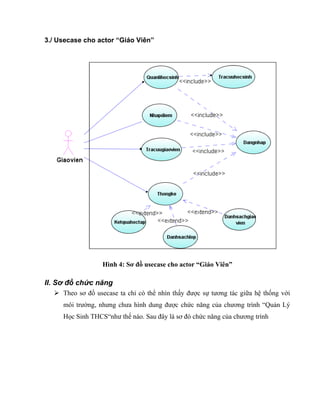 3./ Usecase cho actor “Giáo Viên”
Hình 4: Sơ đồ usecase cho actor “Giáo Viên”
II. Sơ đồ chức năng
 Theo sơ đồ usecase ta chỉ có thể nhìn thấy được sự tương tác giữa hệ thống với
môi trường, nhưng chưa hình dung được chức năng của chương trình “Quản Lý
Học Sinh THCS“như thế nào. Sau đây là sơ đò chức năng của chương trình
 