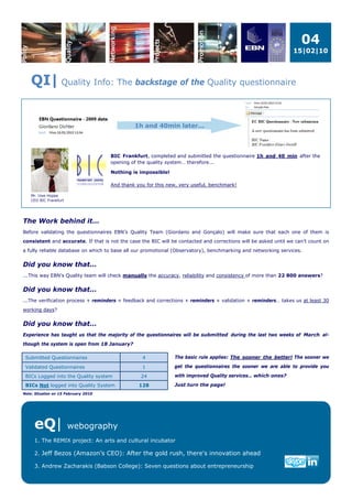 04
                                                                                                                 15|02|10



    QI| Quality Info: The backstage of the Quality questionnaire


                                               1h and 40min later...




                                      BIC Frankfurt, completed and submitted the questionnaire 1h and 40 min after the
                                      opening of the quality system… therefore...

                                      Nothing is impossible!

                                      And thank you for this new, very useful, benchmark!

    Mr. Uwe Hoppe
    CEO BIC Frankfurt




The Work behind it…
Before validating the questionnaires EBN’s Quality Team (Giordano and Gonçalo) will make sure that each one of them is
consistent and accurate. If that is not the case the BIC will be contacted and corrections will be asked until we can’t count on
a fully reliable database on which to base all our promotional (Observatory), benchmarking and networking services.


Did you know that…
...This way EBN’s Quality team will check manually the accuracy, reliability and consistency of more than 22 800 answers?


Did you know that…
...The verification process + reminders + feedback and corrections + reminders + validation + reminders… takes us at least 30
working days?


Did you know that…
Experience has taught us that the majority of the questionnaires will be submitted during the last two weeks of March al-
though the system is open from 18 January?

 Submitted Questionnaires                         4            The basic rule applies: The sooner the better! The sooner we

 Validated Questionnaires                         1            get the questionnaires the sooner we are able to provide you

 BICs Logged into the Quality system              24           with improved Quality services… which ones?

 BICs Not logged into Quality System             128           Just turn the page!
Note: Situation on 15 February 2010




     eQ|                webography
     1. The REMIX project: An arts and cultural incubator

     2. Jeff Bezos (Amazon’s CEO): After the gold rush, there's innovation ahead

     3. Andrew Zacharakis (Babson College): Seven questions about entrepreneurship
 
