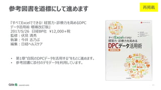11
参考図書を道標にして進めます
『すべてExcelでできる! 経営力・診療力を高めるDPC
データ活用術 増補改訂版』
2017/5/26 日経BP社 12,000+税
監修：伏見 清秀
執筆：今井 志乃ぶ
編集：日経ヘルスケア
• 第1章”自院のDPCデータを活用する”をもとに進めます。
• 参考図書に添付のデモデータを利用しています。
再掲載
 