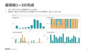 22
基礎編1~3の完成
• ただ、若干テキストと数値が合っていません
• 理由は、様式1で絞り込みした患者とDファイルの患者が一致していないため
 
