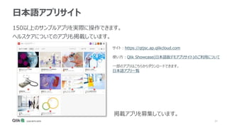 31
日本語アプリサイト
150以上のサンプルアプリを実際に操作できます。
ヘルスケアについてのアプリも掲載しています。
サイト：https://qtjsc.ap.qlikcloud.com
使い方：Qlik Showcase(日本語版デモアプリサイト)のご利用について
一部のアプリはこちらからダウンロードできます。
日本語アプリ一覧
掲載アプリを募集しています。
 