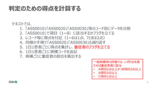 30
判定のための得点を計算する
テキストでは、
1. 「ASS0010」「ASS0020」「ASS0030」等のコード別にデータを分割
2. 「ASS0010」で項目（1~8）に該当するかフラグを立てる
3. レコード毎に得点を付記（1~6は1点、7と8は2点）
4. 同様の手順で「ASS0020」「ASS0030」も繰り返す
5. 1日1患者ごとに得点を集計し、重症者のフラグを立てる
6. 1日1患者ごとに病棟コードを追記
7. 病棟ごとに重症者の割合を算出する
一般病棟用の評価では、いずれかを満
たせば重症患者に該当
• A項目2点以上かつB項目3点以上
• A項目3点以上
• C項目1点以上
 