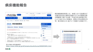 40
病床機能報告
厚生労働省 病床機能報告
https://www.mhlw.go.jp/stf/seisakunitsuite/bunya/0000055891.html
病床機能報告制度とは、地域における医療及び
介護の総合的な確保を推進するための関係法律
の整備等に関する法律（平成26年法律第83号）
により改正された医療法（昭和23年法律第205
号）第30条の13に基づいて実施する制度です。
 