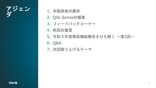 5
5
アジェン
ダ
1. 本勉強会の趣旨
2. Qlik Senseの概要
3. フィードバックコーナー
4. 前回の復習
5. 令和３年度病床機能報告をひも解く －第2回－
6. Q&A
7. 次回取り上げるテーマ
 