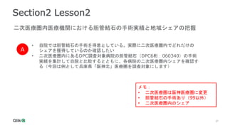 27
Section2 Lesson2
二次医療圏内医療機関における胆管結石の手術実績と地域シェアの把握
A
• 自院では胆管結石の手術を得意としている。実際に二次医療圏内でどれだけの
シェアを獲得しているのか確認したい
• 二次医療圏内にあるDPC調査対象病院の胆管結石（DPC6桁：060340）の手術
実績を集計して自院と比較するとともに、各病院の二次医療圏内シェアを確認す
る（今回は例として兵庫県「阪神北」医療圏を調査対象にします）
メモ：
• 二次医療圏は阪神医療圏に変更
• 胆管結石の手術あり（99以外）
• 二次医療圏内のシェア
 