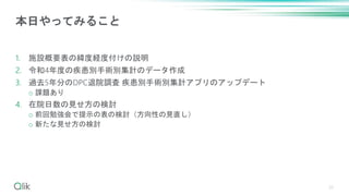 1. 施設概要表の緯度経度付けの説明
2. 令和4年度の疾患別手術別集計のデータ作成
3. 過去5年分のDPC退院調査 疾患別手術別集計アプリのアップデート
o 課題あり
4. 在院日数の見せ方の検討
o 前回勉強会で提示の表の検討（方向性の見直し）
o 新たな見せ方の検討
20
本日やってみること
 