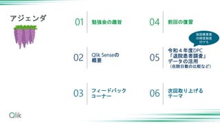 勉強会の趣旨
Qlik Senseの
概要
フィードバック
コーナー
前回の復習
令和４年度DPC
「退院患者調査」
データの活用
（在院日数の比較など）
次回取り上げる
テーマ
01
02
03
04
05
06
アジェンダ
施設概要表
の緯度経度
付けも
 
