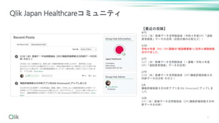 31
Qlik Japan Healthcareコミュニティ
【最近の投稿】
4/15
4/24（水）医療データ活用勉強会（令和４年度DPC「退院
患者調査」データの活用（在院日数の比較など））
3/30
令和４年度（R4）DPC調査の"施設概要表"に住所と緯度経度
を付けました
3/17
3/27（水）医療データ活用勉強会（－速報－令和４年度
DPC「退院患者調査」データの活用）
2/19
2/28（水）医療データ活用勉強会（DPC機能評価係数Ⅱの
内訳データの分析‐その２‐）
2/6
機能評価係数Ⅱの分析アプリをQlik Showcaseにアップしま
した
1/28
1/31（水）医療データ活用勉強会（DPC機能評価係数Ⅱの内
訳データの分析）
 