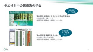 参加検討中の医療系の学会
第26回日本医療マネジメント学会学術総会
2024年6月21日、22日
福岡国際会議場、福岡サンパレス
第44回医療情報学連合大会
2024年11月21日～24日
福岡国際会議場、福岡サンパレス
32
参加決定
ブース出展
参加決定
ブース出展
＋α
 