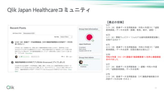 39
Qlik Japan Healthcareコミュニティ
【最近の投稿】
5/27
5/29（水）医療データ活用勉強会（令和４年度DPC「退院
患者調査」データの活用（実績、救急、紹介、退院））
4/25
5/21（火）開催ウェビナー "ChatGPTは歯科医師国家試験に
合格するのか？"
4/15
4/24（水）医療データ活用勉強会（令和４年度DPC「退院
患者調査」データの活用（在院日数の比較など））
3/30
令和４年度（R4）DPC調査の"施設概要表"に住所と緯度経度
を付けました
3/17
3/27（水）医療データ活用勉強会（－速報－令和４年度
DPC「退院患者調査」データの活用）
2/19
2/28（水）医療データ活用勉強会（DPC機能評価係数Ⅱの
内訳データの分析‐その２‐）
 