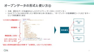 27
オープンデータの形式と使い方④
• 先程、横持ちデータを縦持ちにしたスクリプト（データロードエディタ）
• Excel ファイルにある分析したい項目のまとまりを抽出し、”オープンデータ医療機関コード (R5)” をキー
にして病院属性と結合
元データの 4 行目
をヘッダーにする
“ 総合入院体制加算の届出の有無”が「必須項目」となっている行を除く
病院属性
横縦変換した部分
12 行目から横縦変換
病院属性
分析したい
項目
分析したい
項目
分析したい
項目
 