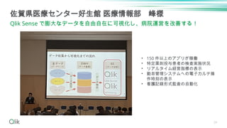 24
佐賀県医療センター好生館 医療情報部 峰様
Qlik Sense で膨大なデータを自由自在に可視化し、病院運営を改善する！
• 150 件以上のアプリが稼働
• 特定薬剤投与患者の検査実施状況
• リアルタイム経営指標の表示
• 勤怠管理システムへの電子カルテ操
作時刻の表示
• 看護記録形式監査の自動化
 