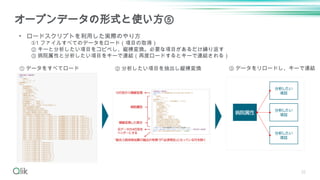 32
オープンデータの形式と使い方⑤
• ロードスクリプトを利用した実際のやり方
①1 ファイルすべてのデータをロード（項目の取得）
② キーと分析したい項目をコピペし、縦横変換。必要な項目があるだけ繰り返す
③ 病院属性と分析したい項目をキーで連結（再度ロードするとキーで連結される）
① データをすべてロード ② 分析したい項目を抽出し縦横変換 ③ データをリロードし、キーで連結
 