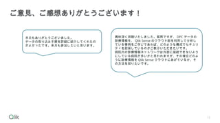 12
ご意見、ご感想ありがとうございます！
本日もありがとうございました。
データの取り込み手順を詳細に紹介してくれたの
がよかったです。来月も参加したいと思います。
興味深く拝聴いたしました。質問ですが、 DPC データの
診療情報を、 Qlik Sense のクラウド版を利用して分析し
ている事例をご存じであれば、どのような構成でセキュリ
ティを担保しているのかご教示いただきたいです。
病院内の診療情報ネットワークは外部に接続できないよう
にしている病院が多いかと思われますが、その場合どのよ
うに診療情報を Qlik Sense クラウドにあげているか、そ
の方法を知りたいです。
 