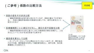 38
• 係数の値をそのまま比較
→” 機能評価係数Ⅱは毎年度公表されているが…係数の重みづけが変わ
る。…単純に機能評価係数Ⅱの数値を比較しても、経年比較を正しく
捉えられない”
• 医療機関群ごとに順位付けをし、順位の差や変動を比較
→” 機能評価係数Ⅱの合計に基づく DPC 対象病院の順位を集計し、上位
何％に入っているかを改定前後で比較する”
• 偏差値を算出して比較
→ オープンデータとしての公開はされていない（はず）が、厚労省送
付の平均値、標準偏差を利用して偏差値を算出し、経年比較、他の医
療機関との比較を行う
（ご参考）係数の比較方法
250 頁
県内医療機関（ DPC サⅢ群
病院のみを対象）における
機能評価係数Ⅱの経年比較
再掲載
 