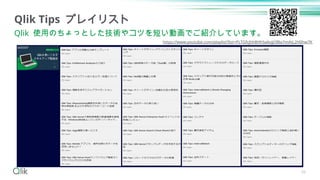 56
Qlik Tips プレイリスト
Qlik 使用のちょっとした技術やコツを短い動画でご紹介しています。
https://www.youtube.com/playlist?list=PLTGfcjhh8Hh5a6vjjOlBa7mAtL2H0hw7K
 