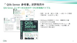 「 Qlik Sense 参考書」好評発売中
Qlik Sense ユーザーのためのデータ分析実践バイブル
・判型： B5 変 ・総ページ数：～ 480 ページ程度
・予価本体： 4,200 円 (+ 税 )
• QlikSpace の記事をベースに、書籍用に大幅
にカスタマイズ＆加筆
• 1 冊で Qlik Sense の基本をマスターし（＝基
本編）、ニーズの高い分析例（＝応用編）を
できるだけ丁寧に紹介
59
 